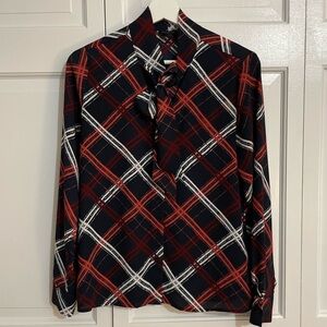 Ann Taylor Red and Navy Geometric Plaid Tie-Neck Blouse